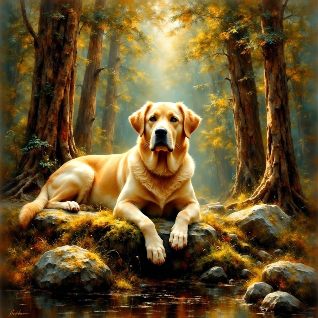 Majestic Yellow Lab in Forest: An Oil Painting