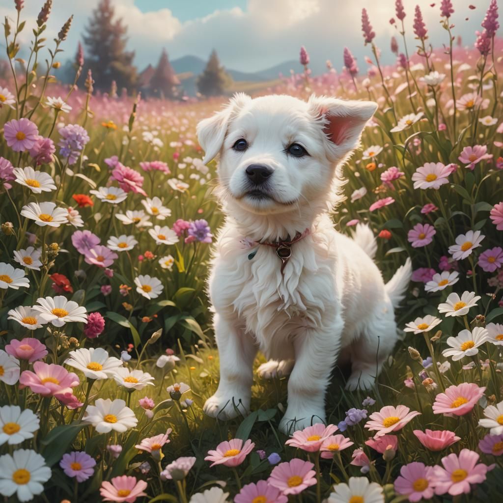 Puppy Surrounded by Babies in Fantasy Matte Painting
