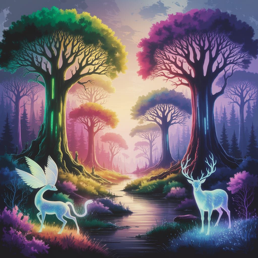 Luminous Fantasy Forest with Glowing Flora and Fauna