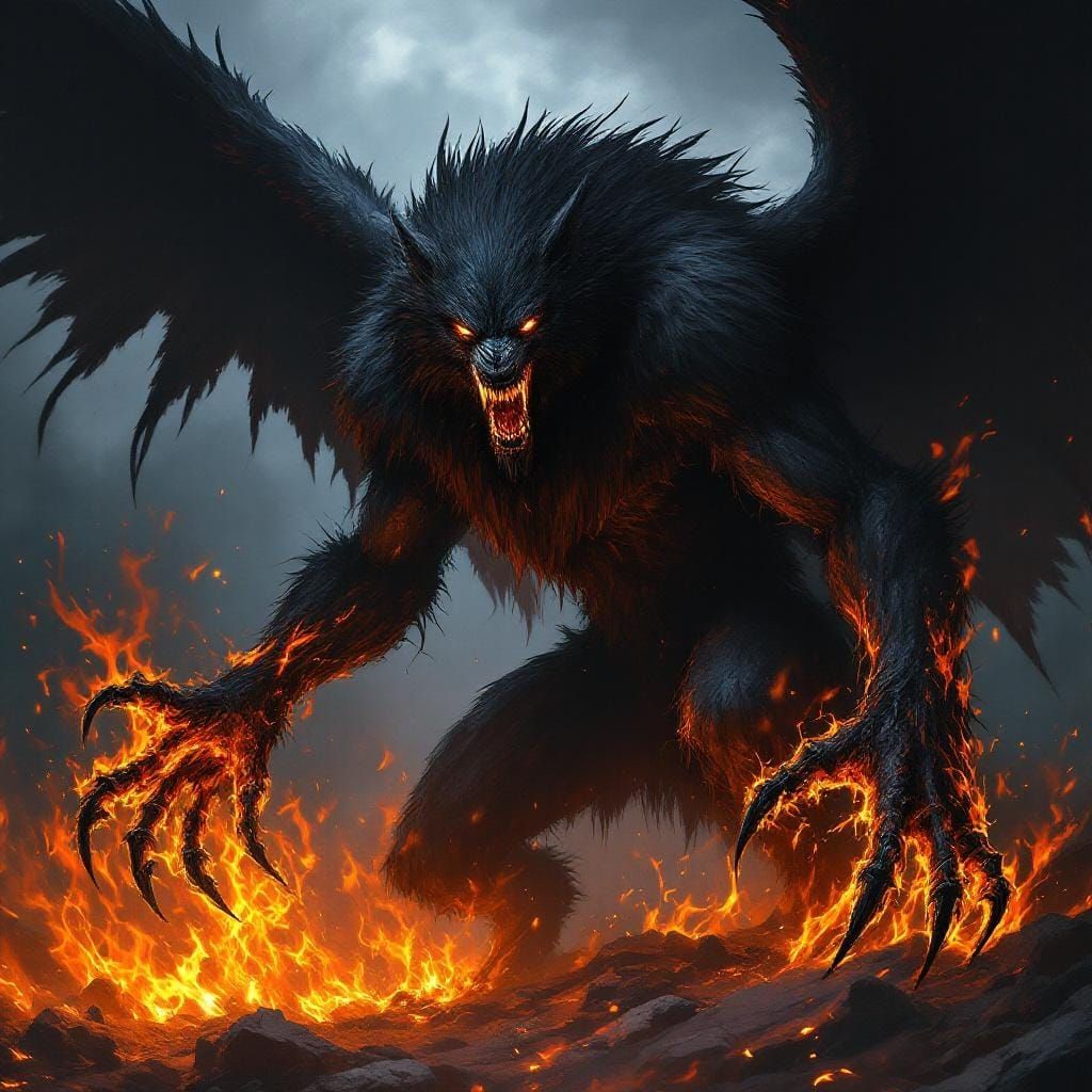 Fearsome Winged Werewolf in a Fiery Aura