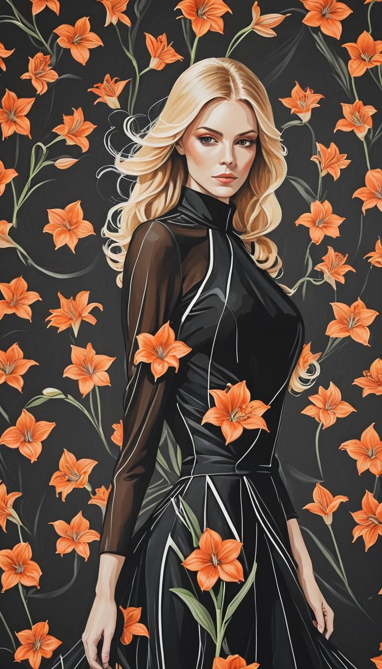 Elegant Lady in Black Dress with Vibrant Orange Amaryllis