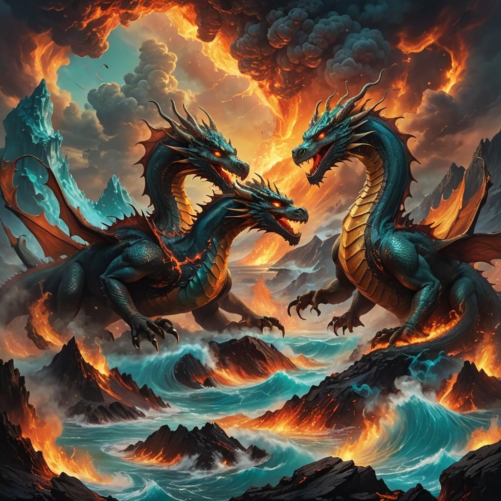 Dragons Battle Above Volcano Planet in Oil Painting Style