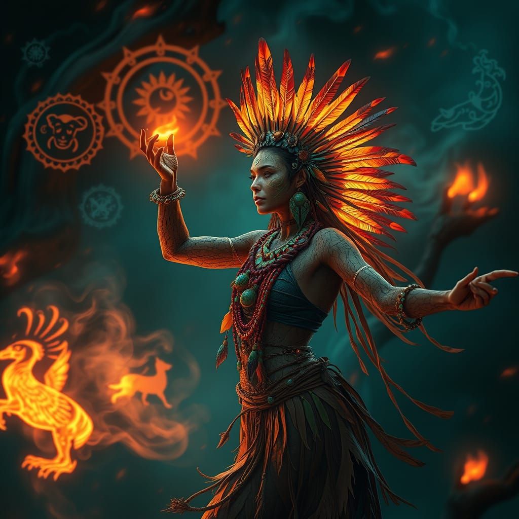 Dryad Fire Dance with Animal Spirits in Fantasy Style