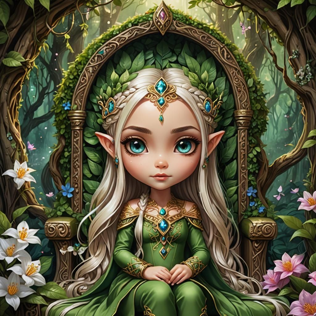 Chibi Elven Princess on Floral Throne