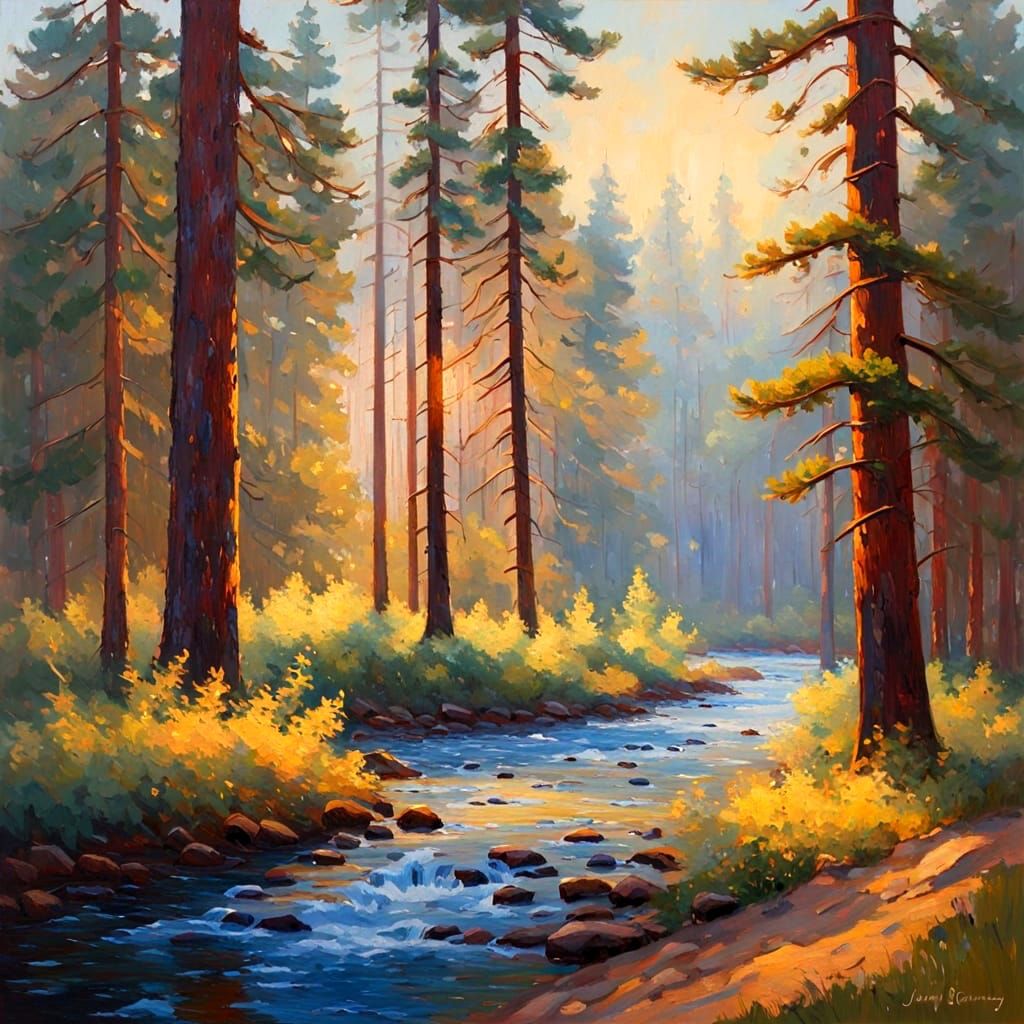 Stunning pine and fir forest with golden shafts of sunlight streaming through the trees and a bubbling blue stream flowi...