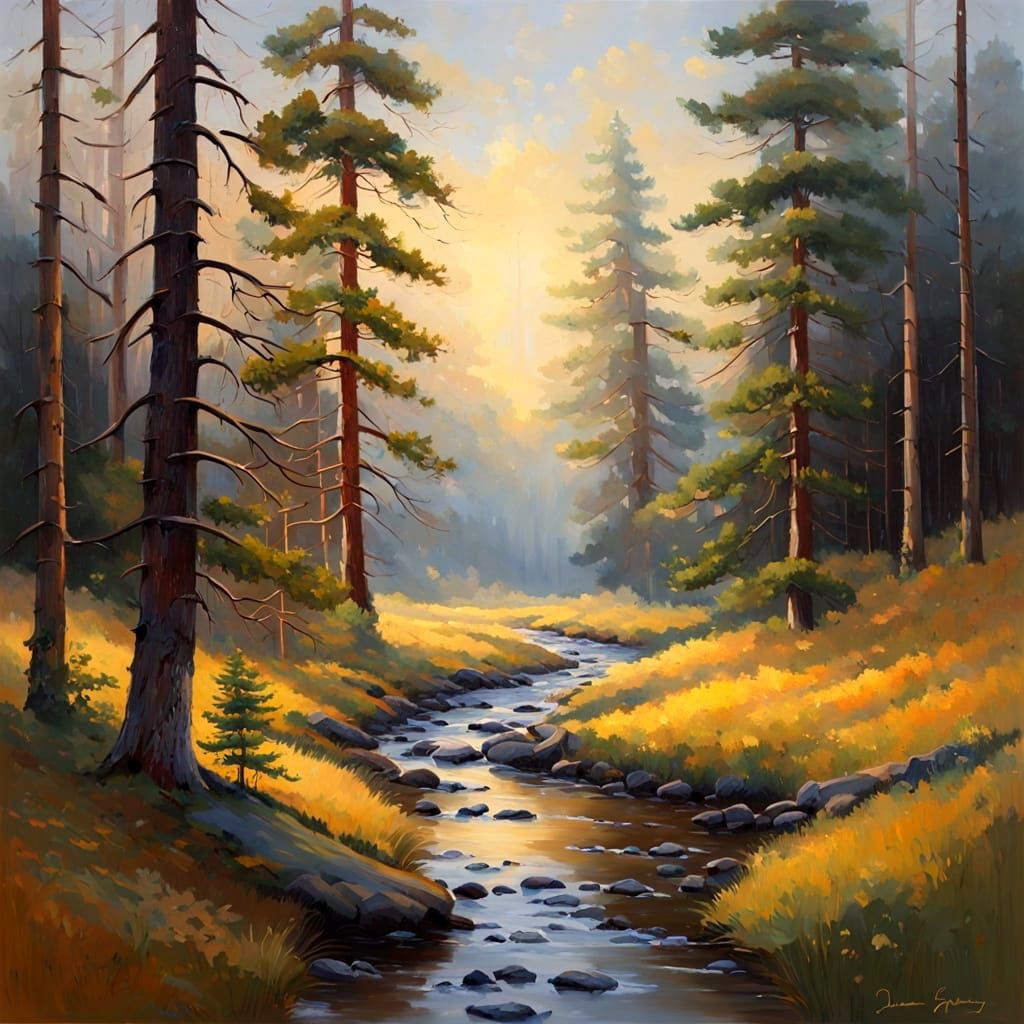 Stunning pine and fir forest with golden shafts of sunlight streaming through the trees and a bubbling blue stream flowi...