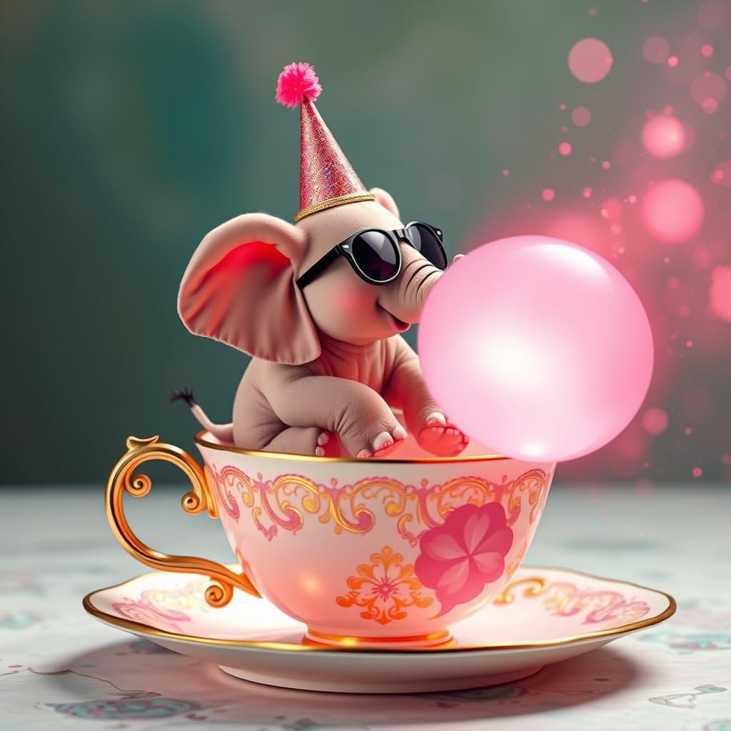 Whimsical Elephant in Rococo Tea Cup, Blowing Giant Pink Bub...