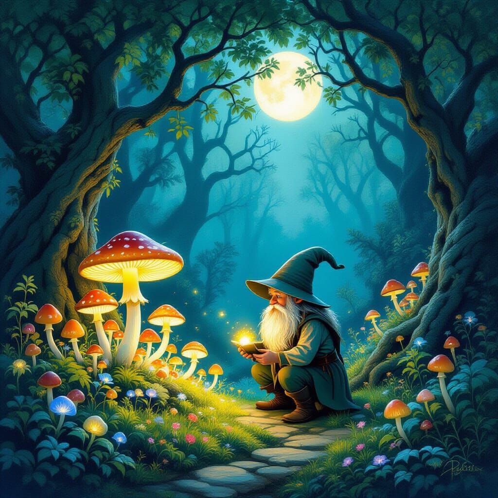 Hobbit Tends Glowing Mushroom Garden in Mystical Forest