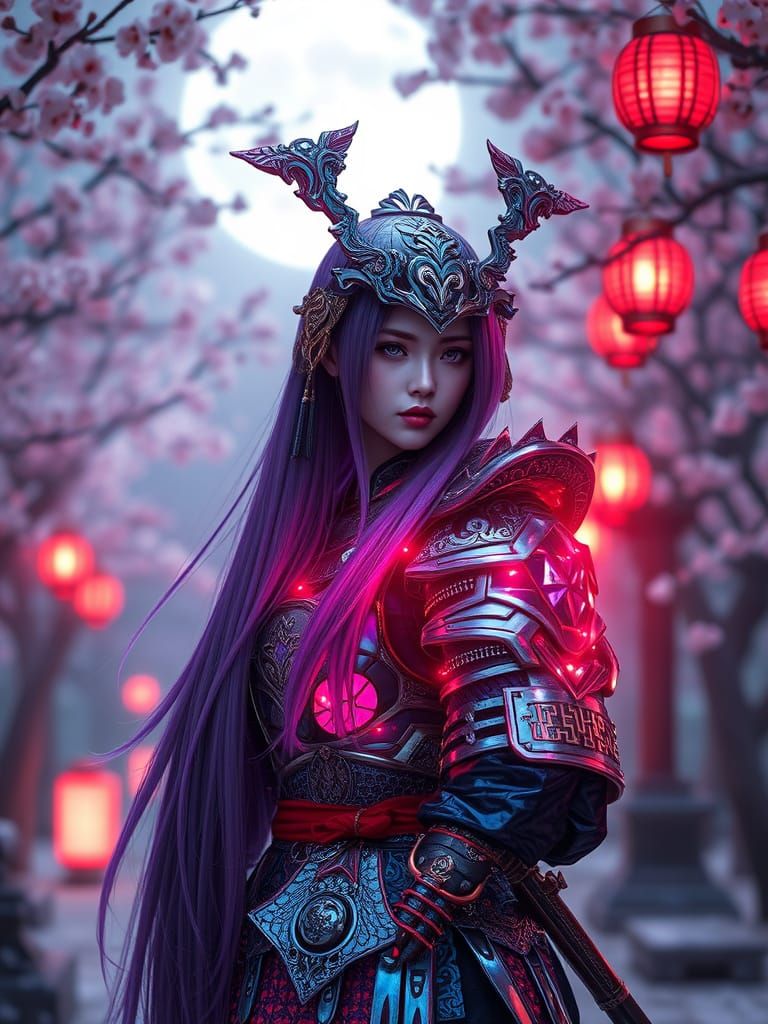 Cyberpunk Geisha Warrior in Iridescent Samurai Armor