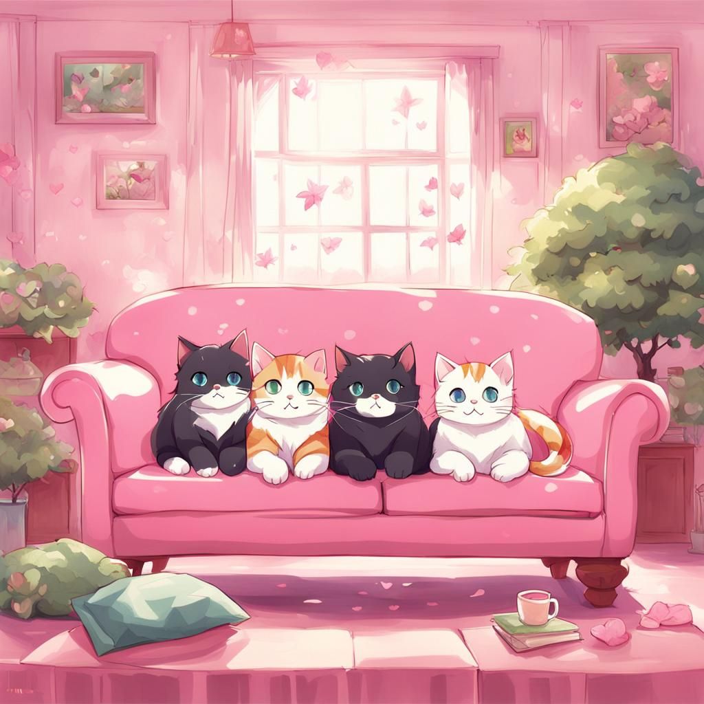 Cute Cats on Pink Couch in Anime Style