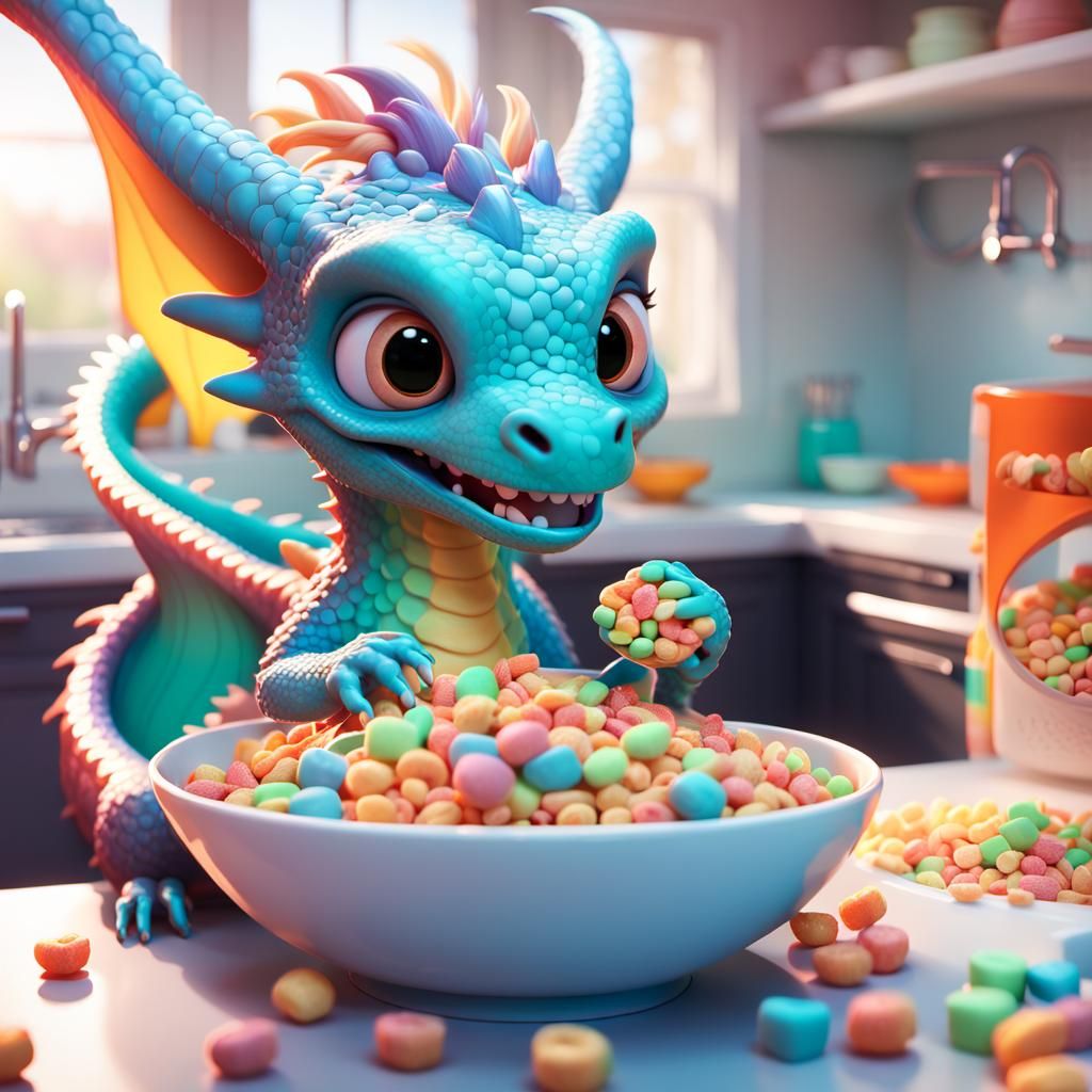 Dragon Child's Cereal Breakfast: Pixar-Inspired 3D Render