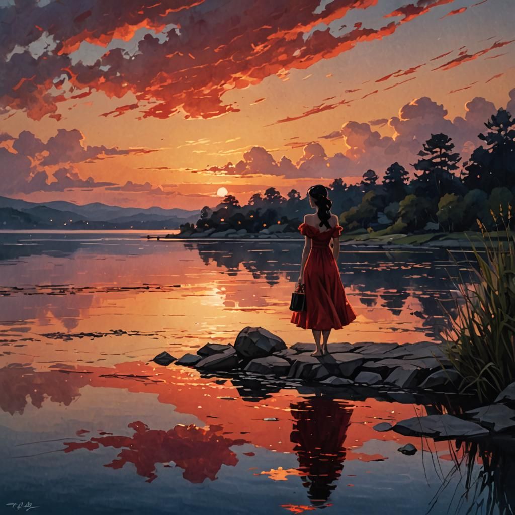 Woman in Red Dress by Lakeside at Sunset