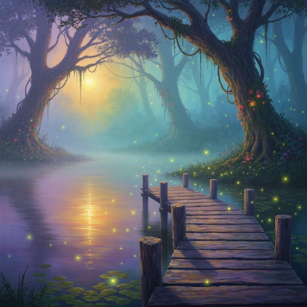 Ethereal Twilight Forest Lake Dock Painting