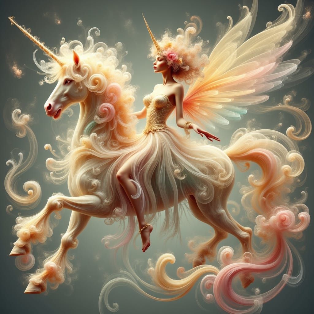 Girly Princess Riding Unicorn in Ethereal Watercolor Dreamsc...