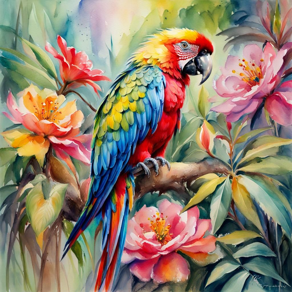 Colorful Parrot in Fantasy Jungle Watercolor