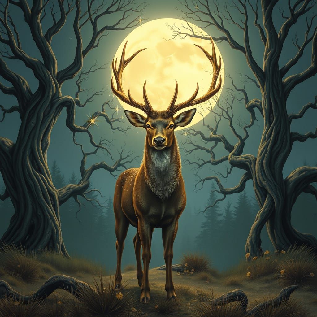 Stag with Starlight Antlers in Fantasy Art Style