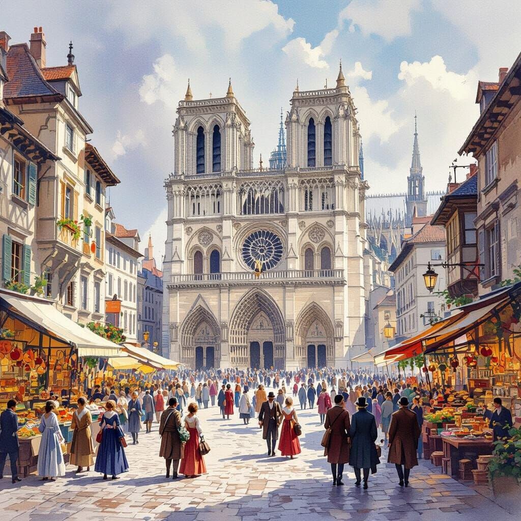 Bustling Marketplace Before Grand Cathedral in Maximalist Oi...