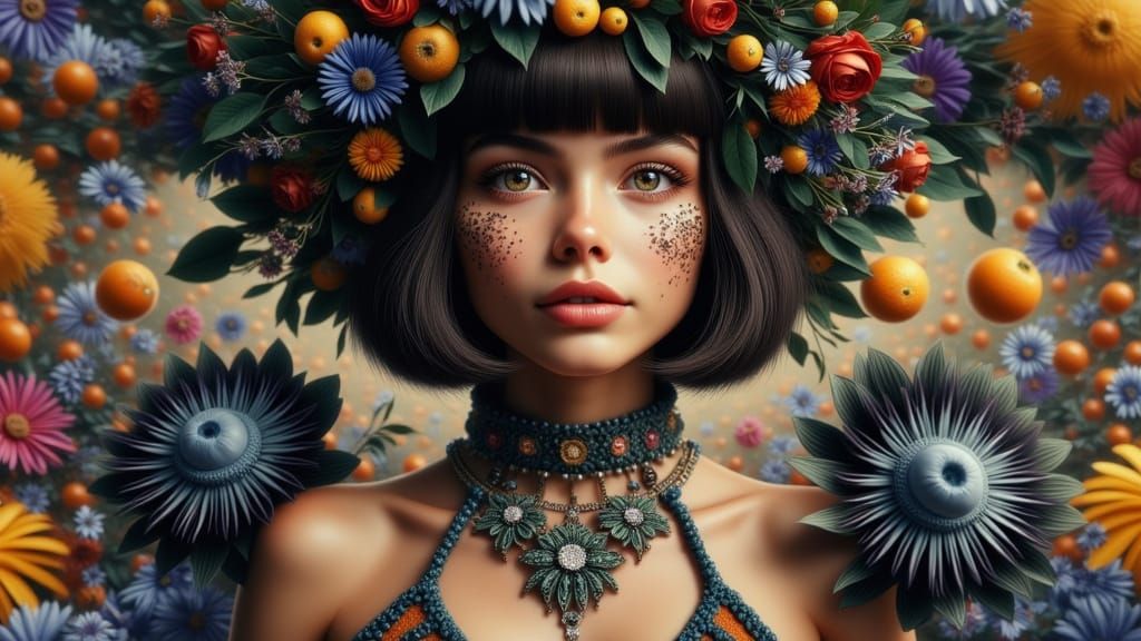 Whimsical Floral Portrait with Oranges in Bold Style