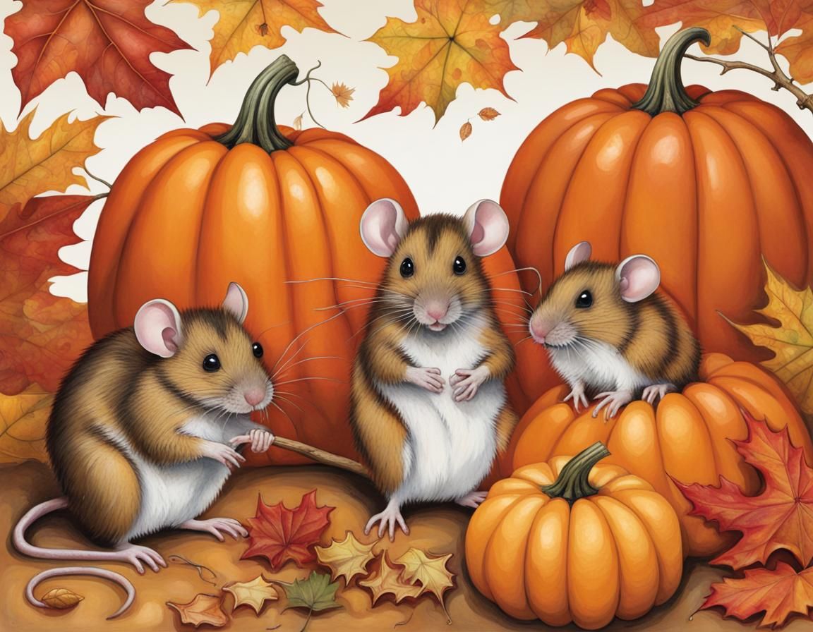 Autumn Harvest Mice Among Pumpkins Illustration