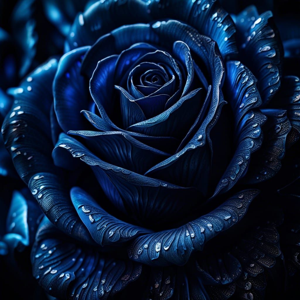 Hyperrealistic Blue Rose with Water Droplets