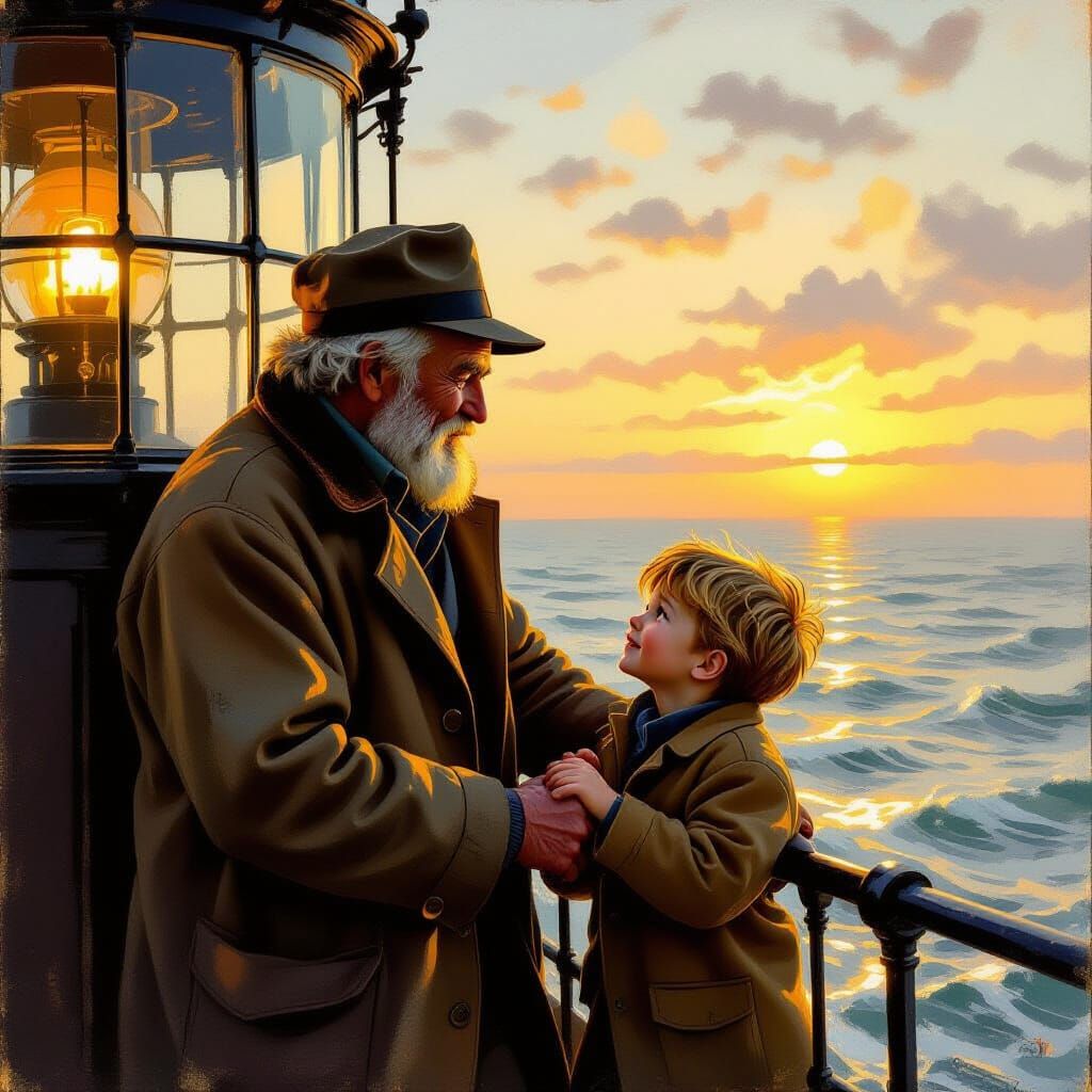 Lighthouse Keeper and Grandson in Golden Light