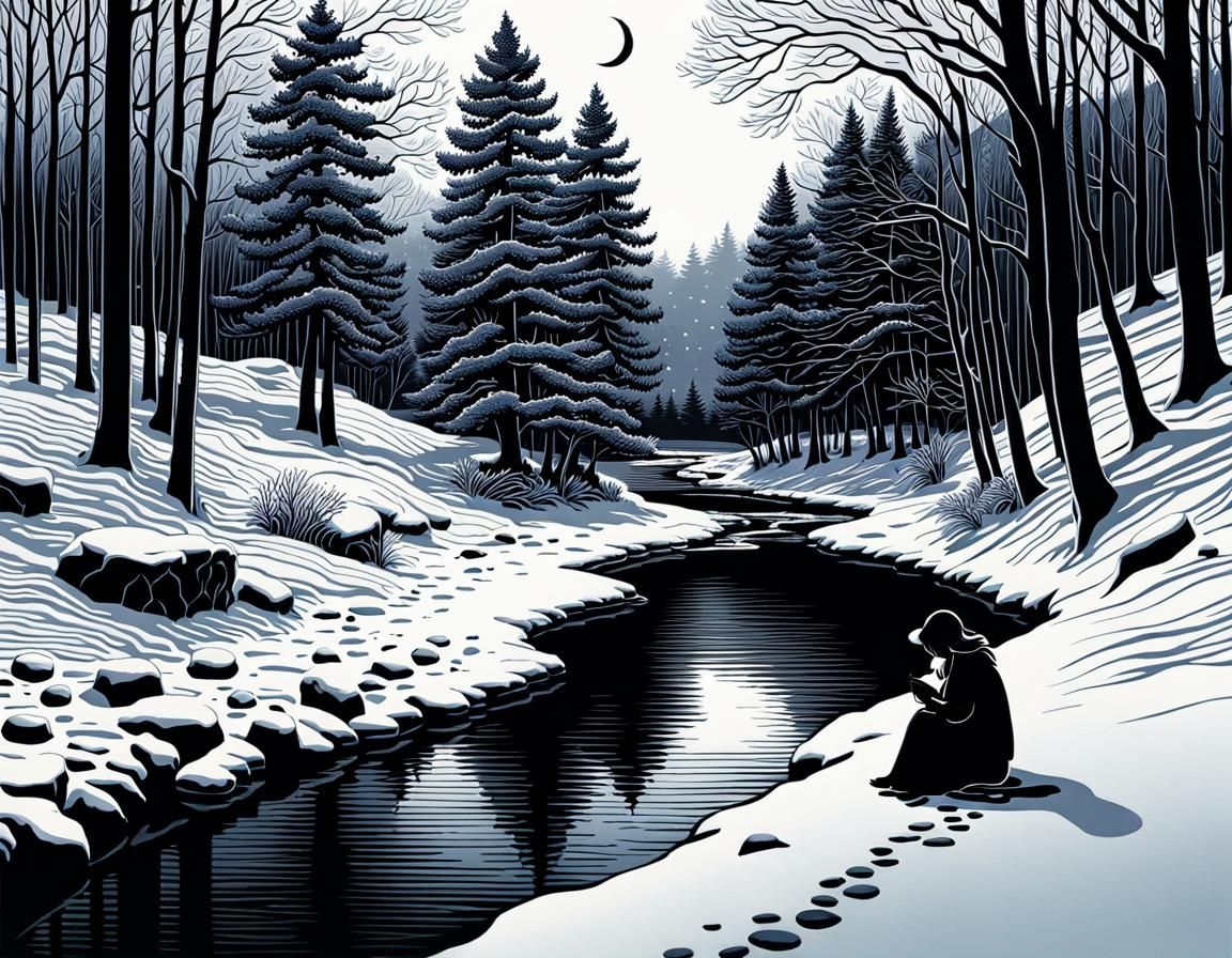 Monochromatic Ink Stippling Masterpiece: Angel in Snowy Fore...