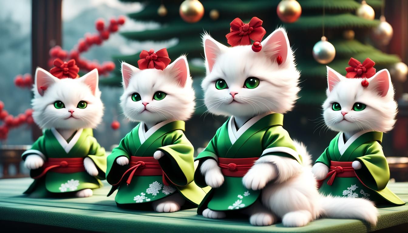white flufffy kittens in a green geisha costume at christmas tree