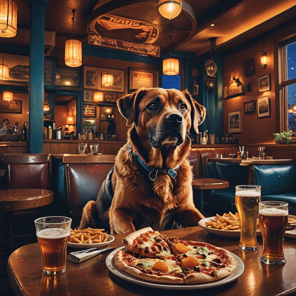 Dog Enjoying Pizza in Restaurant, Dutch Masters Lighting
