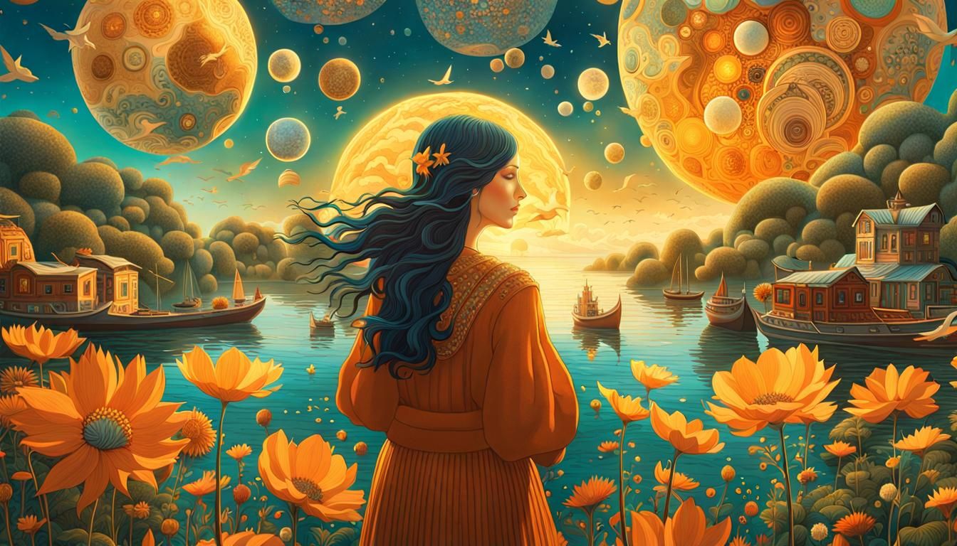 Woman Holding Cosmos: Surreal Fairytale Art