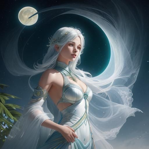 Moonlit Woman on Summer Beach, Fantasy Art