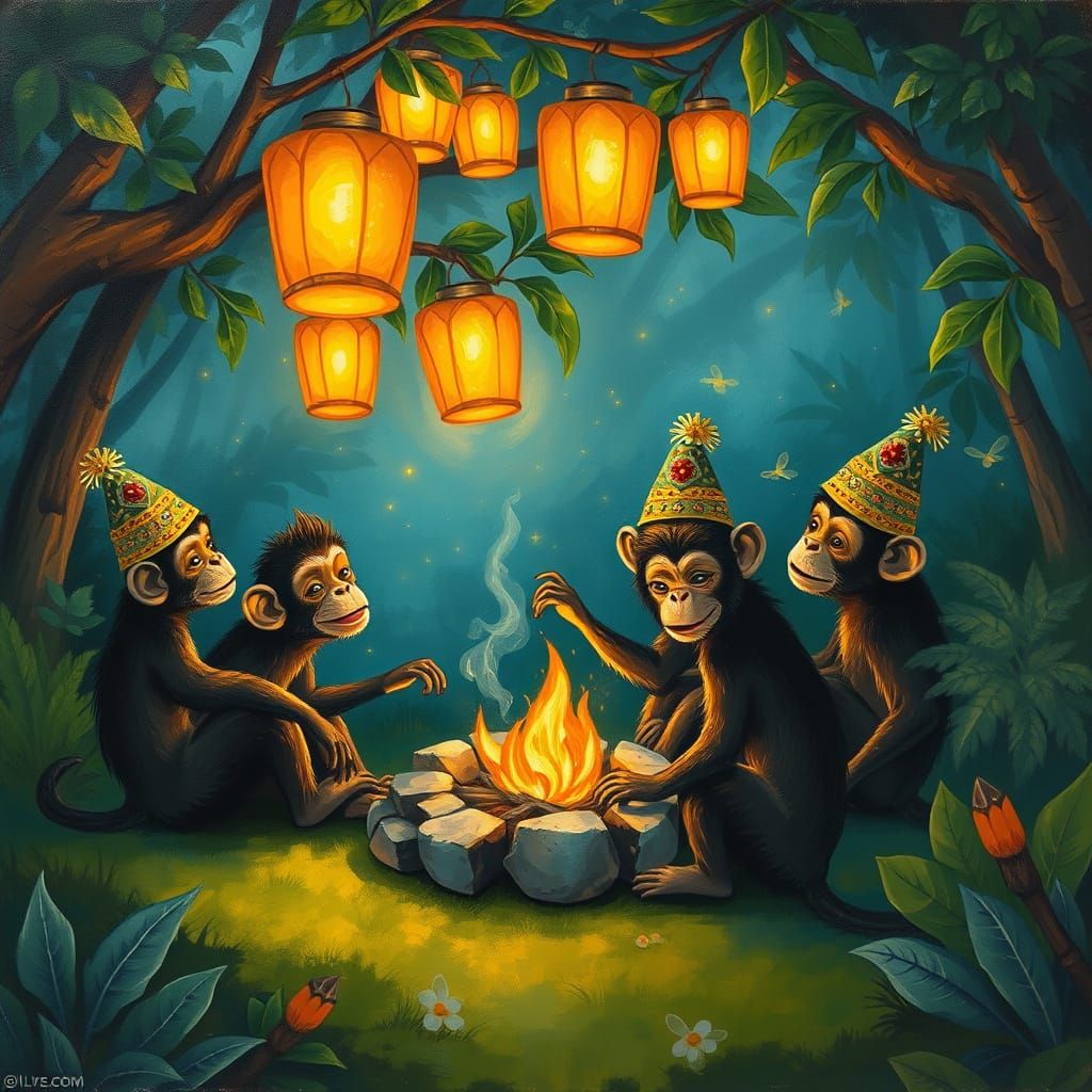 Playful Monkeys Bonfire in Lush Jungle Oil Painting