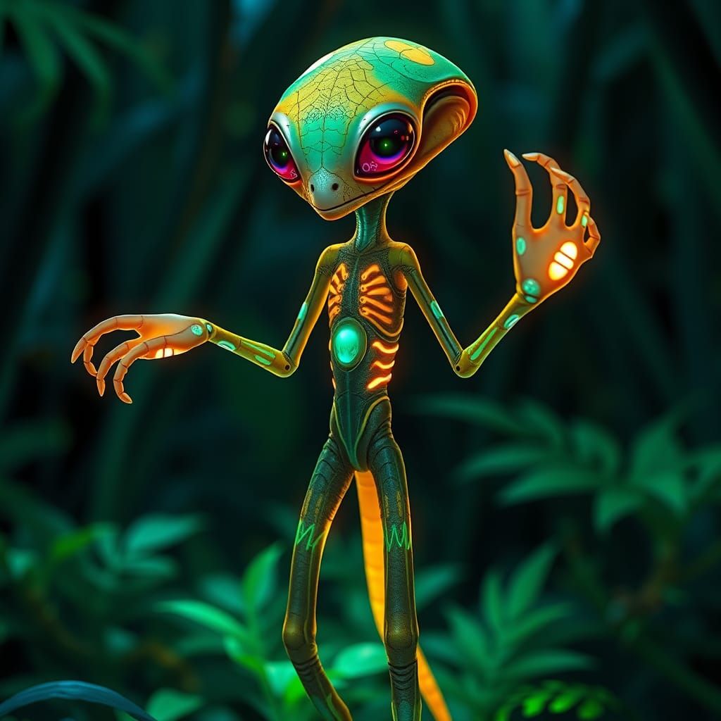 Bioluminescent Alien in a Lush Forest
