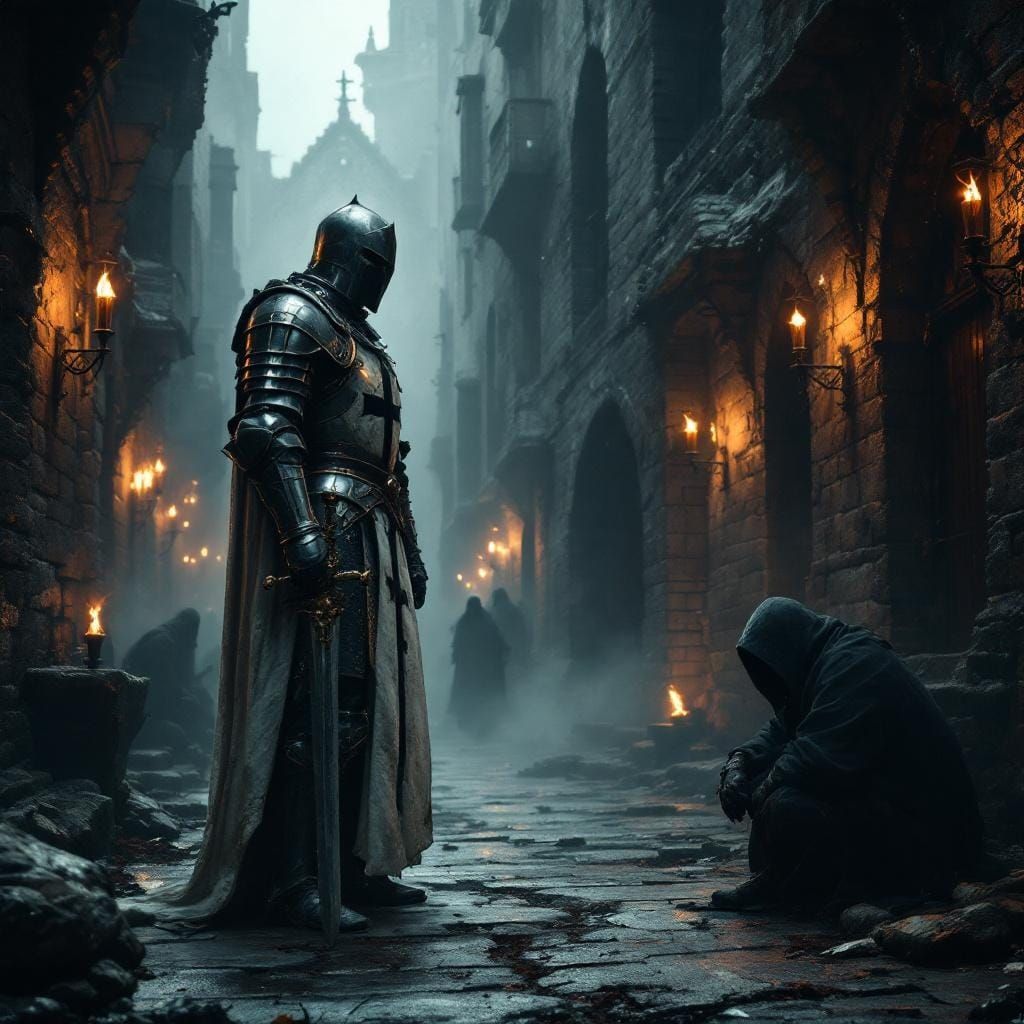 Knight Guarding Medieval Alleyway in Gothic Setting