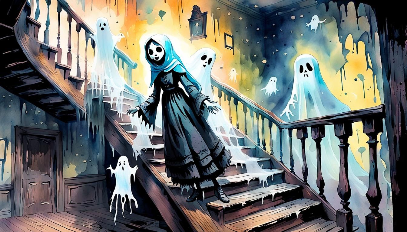 Terrified Ghost in Haunted House Watercolor