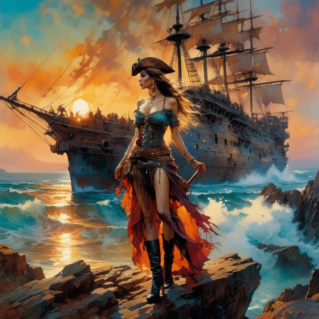 Pirate Princess at Sunset in Vibrant Fantasy Art