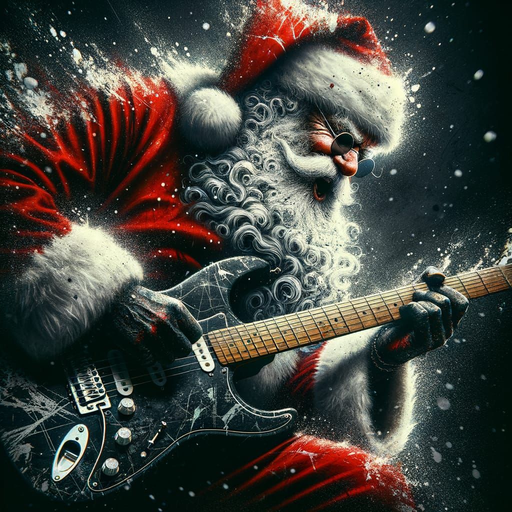 Grunge Santa Rocking Electric Guitar in Bold Artistic Style