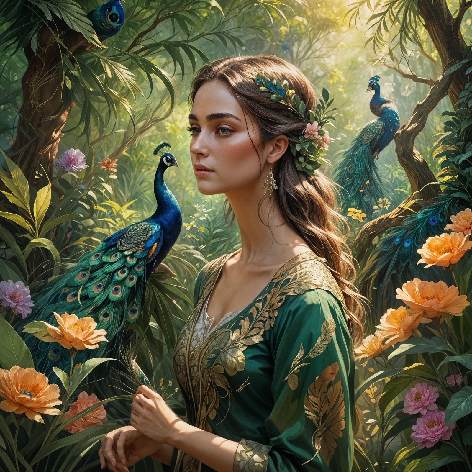 Girl with Peacock Feather in Lush Garden