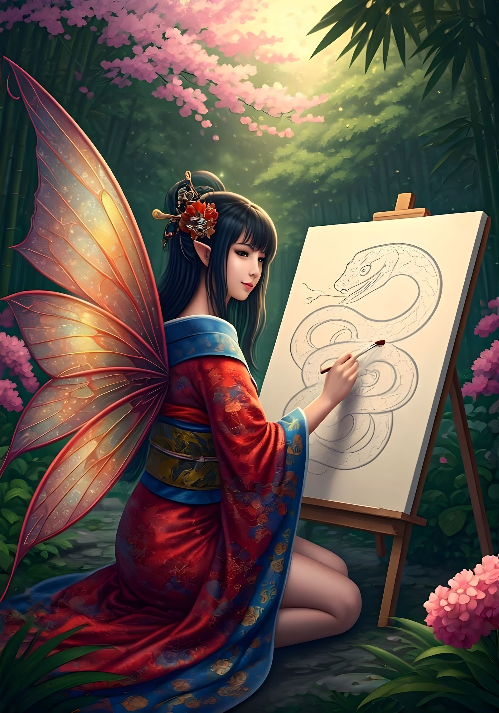 Asian Fairy in Vibrant Japanese Garden Scene with Magical Ac...