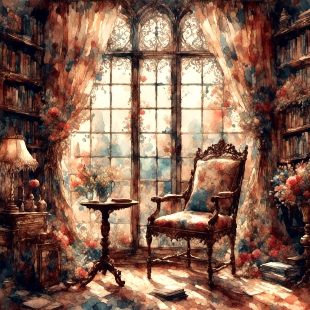 Antique Watercolor Sitting Room with Sunlight
