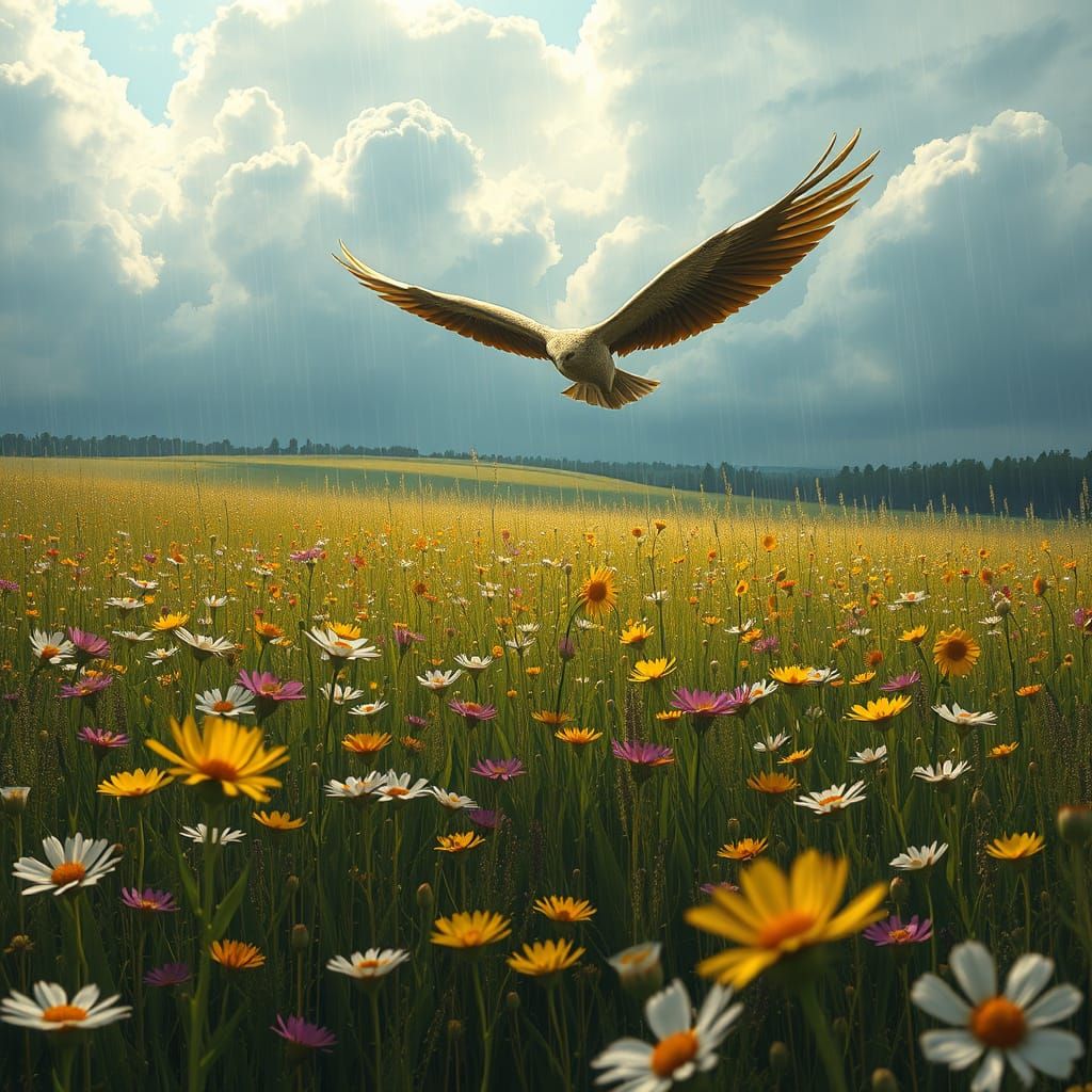 Griffin Soaring over Wildflower Field in Summer Rain