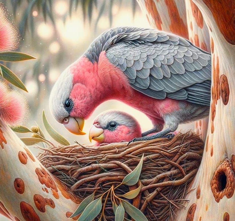 Galahs Feeding Nestlings: Fine Pencil and Watercolor