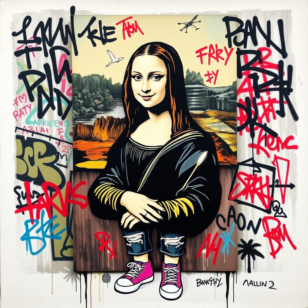 Mona Lisa Embodies Urban Rebellion in Bold, Humorous Style