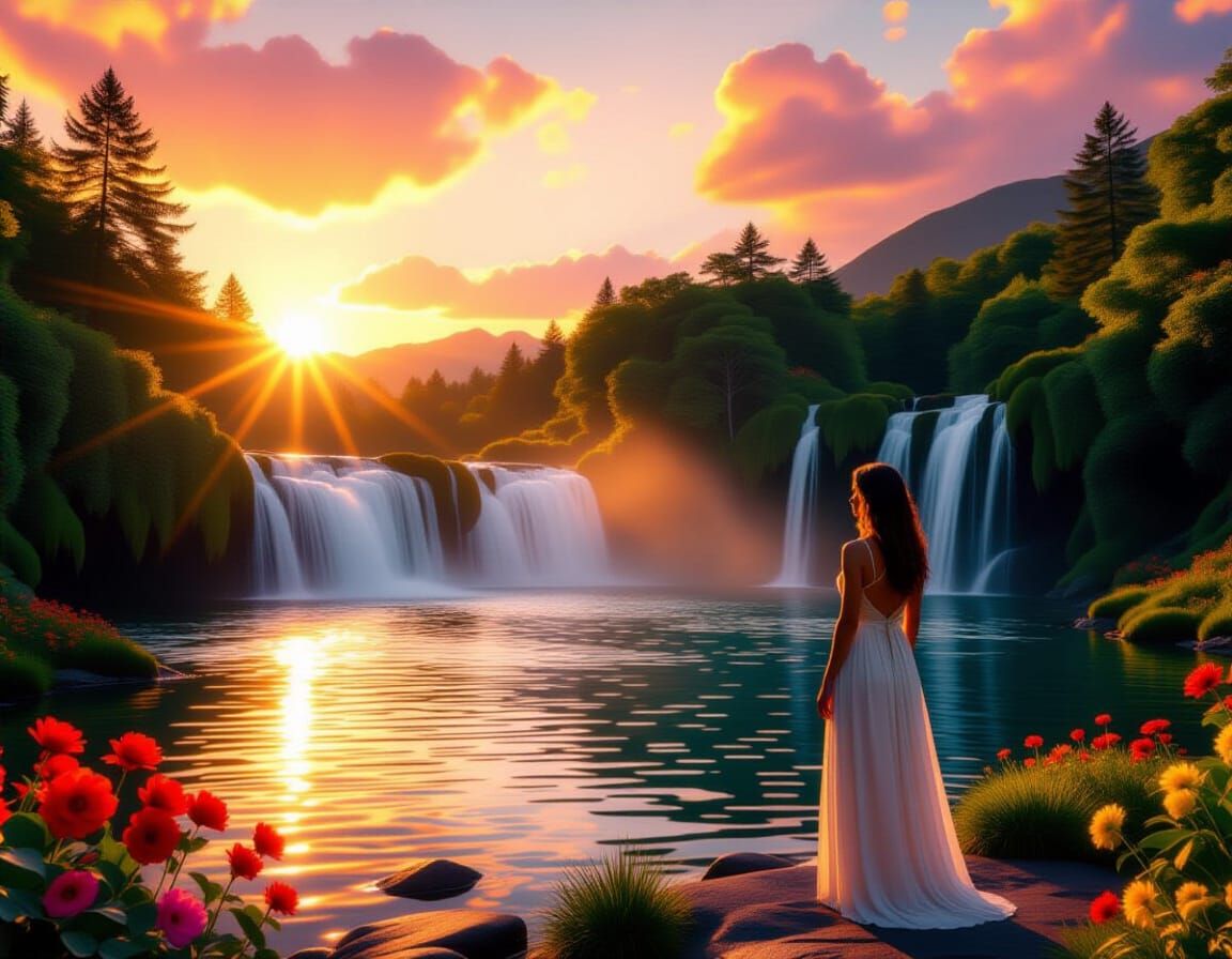 Golden Hour Serenity: Woman in a Breathtaking Landscape