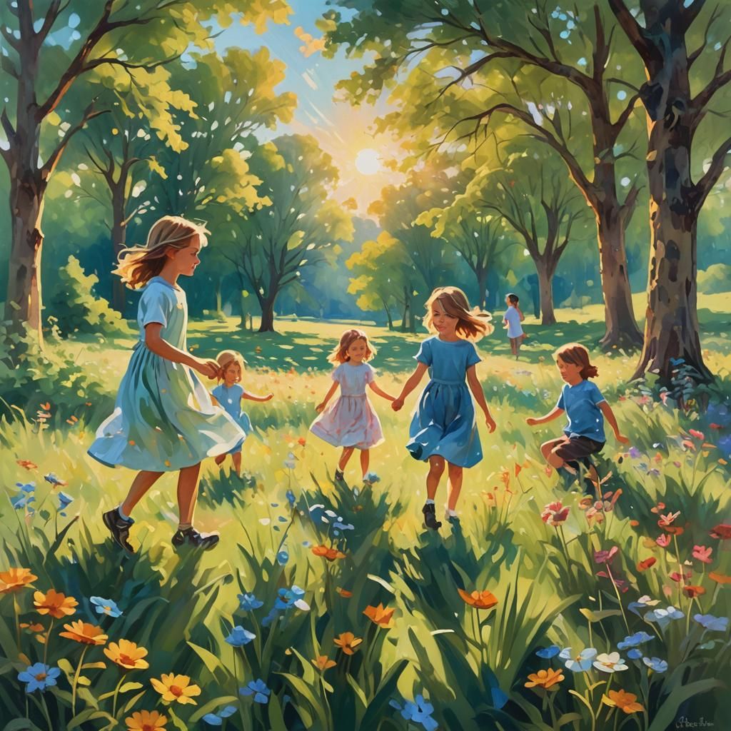 Children Playing in Sun-Drenched Meadow as Oil Painting