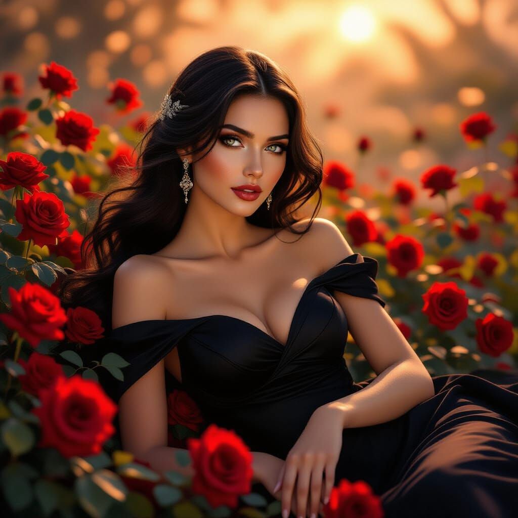 Woman in Black Dress Amidst Roses in Morning Sun