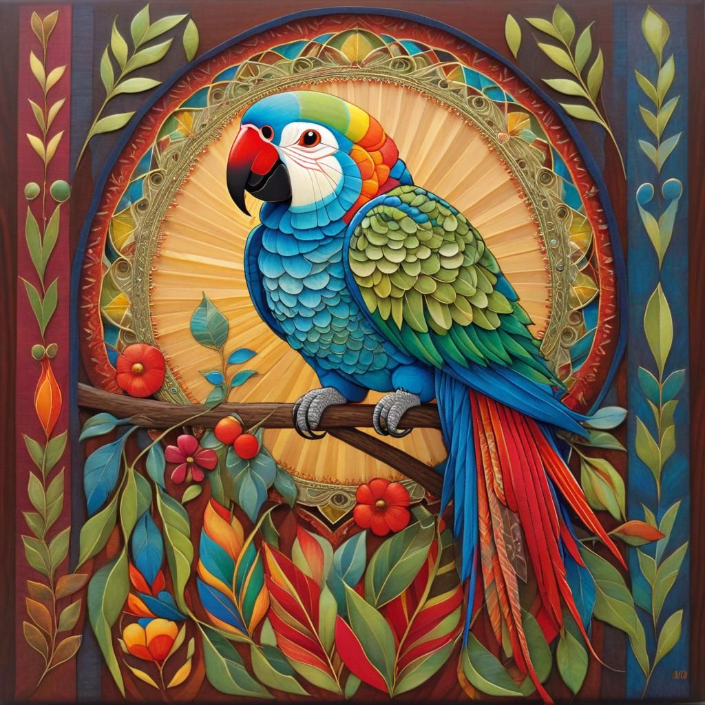Colorful Folk Art Parrot Portrait with Zentangle Details