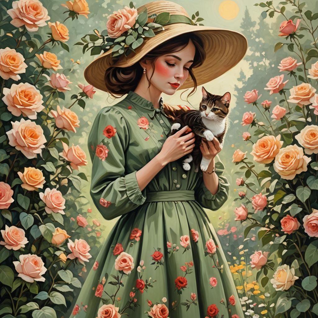 Woman Picking Roses: Hyperrealistic Splash Art