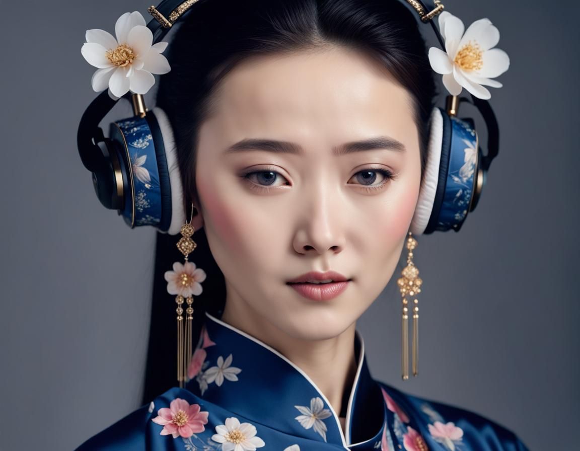 Woman in Traditional Dress with Flower Headphones