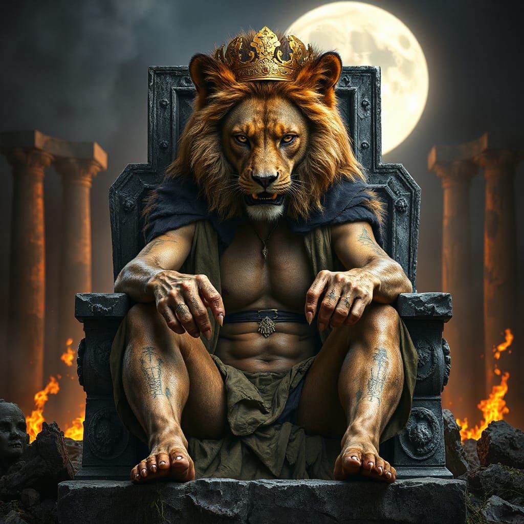 Mythical Lion Wolf Queen on Ancient Throne