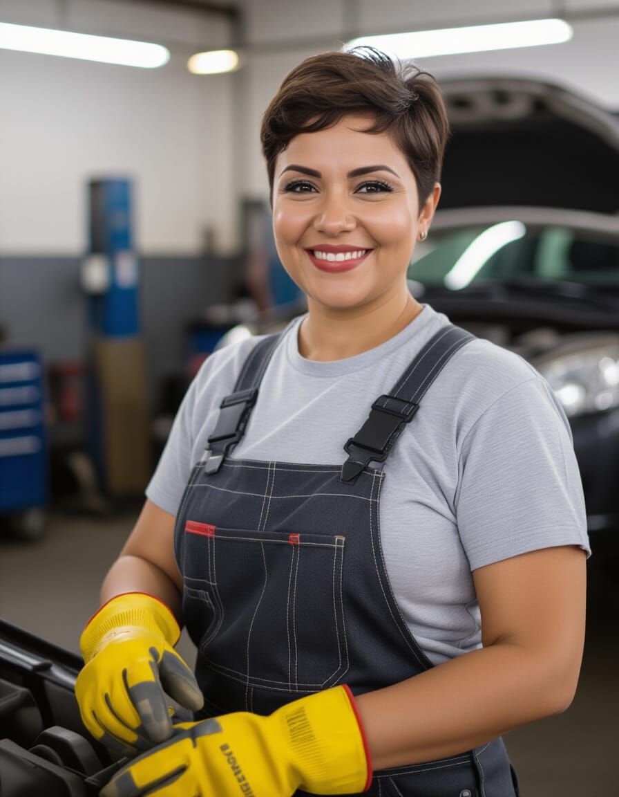 Voluptuous Mechanic Woman in Car Repair Shop Portrait